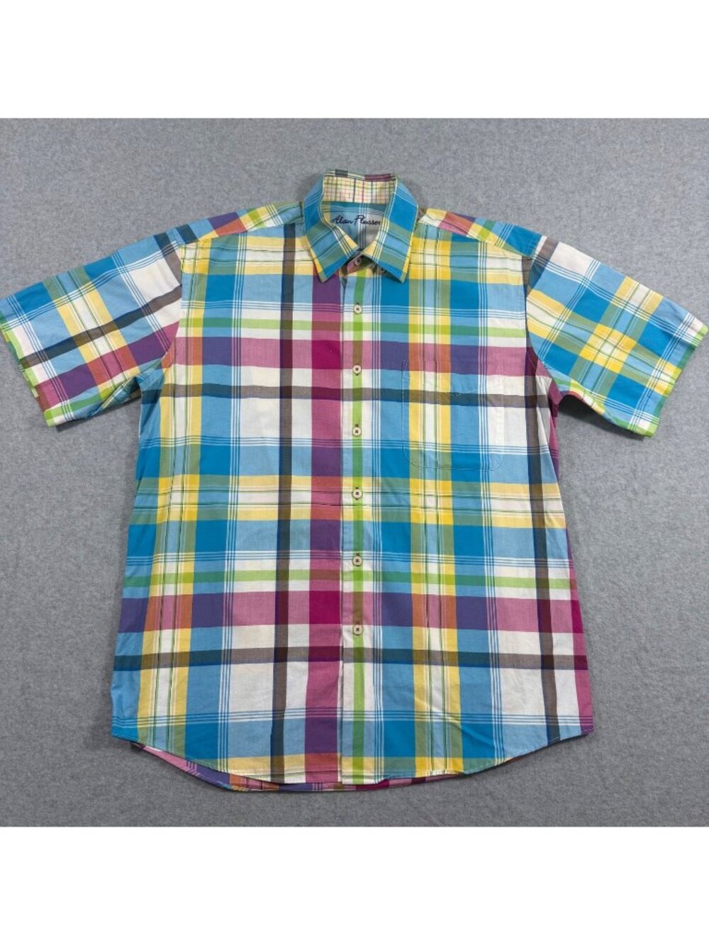 Alan Flusser Men's Medium Multicolor Plaid Short Sleeve Cotton Button Up Shirt